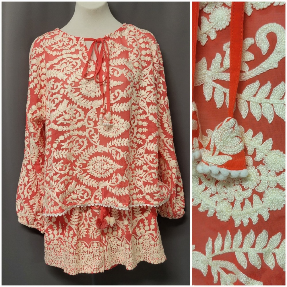 Taj by Sabrina Crippa 2‎ Piece Set Coral Orange Embroidered Shorts Top Small
